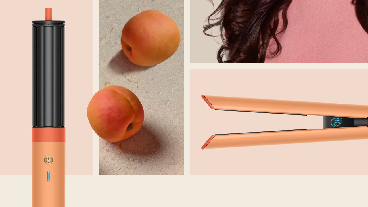 A collection of Dyson Beauty devices in Ceramic apricot colourway and a model with styled hair.