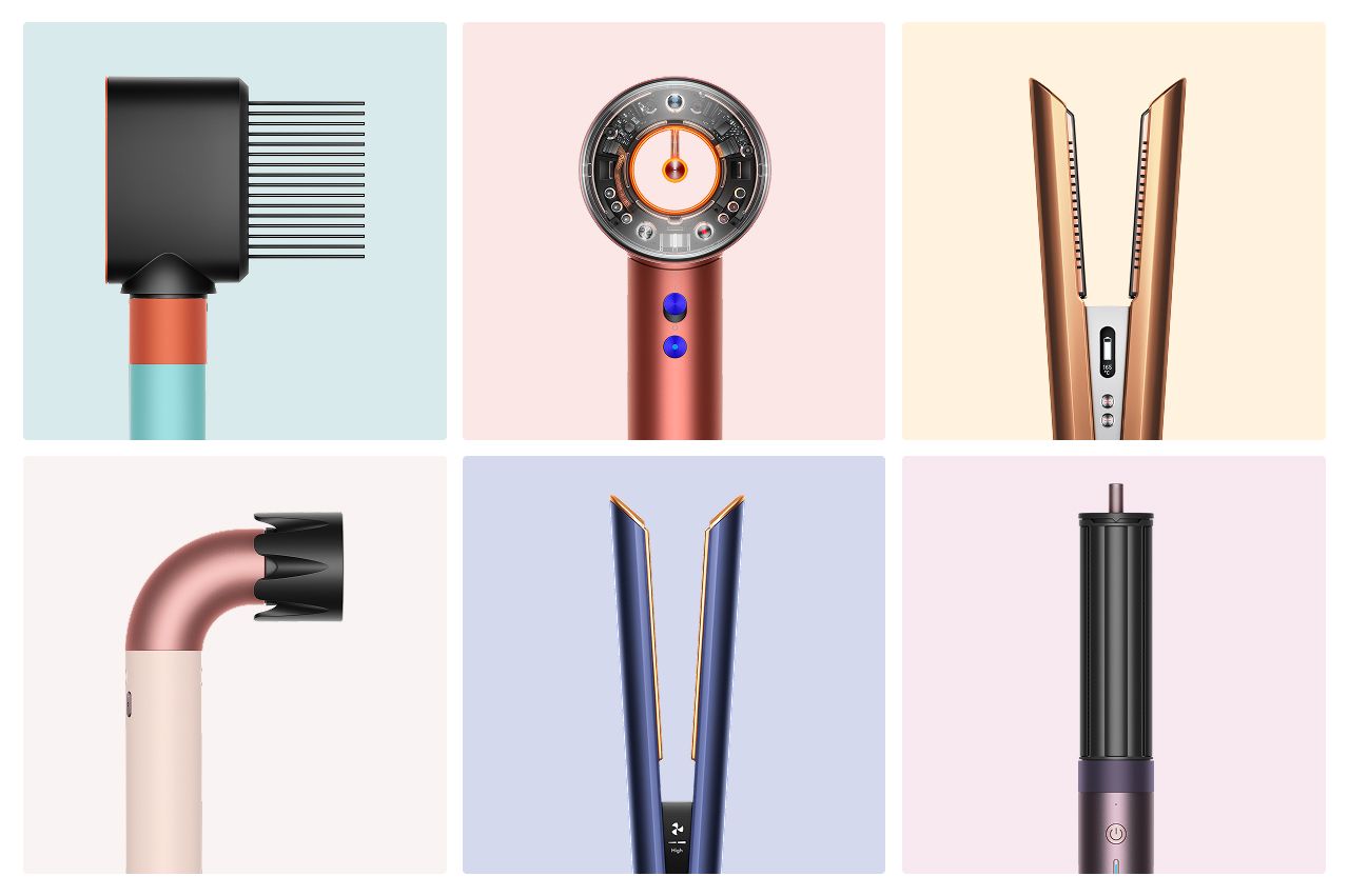 A range of Dyson Beauty devices in different colourways.