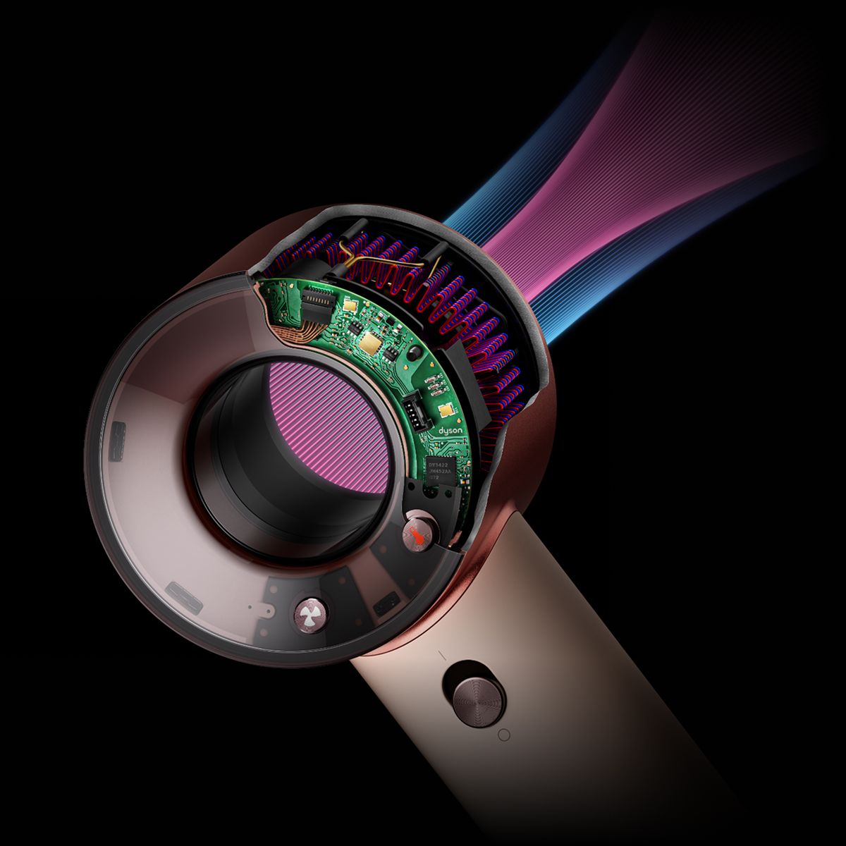 Cutaway showing the heat control technology within the Dyson Supersonic Travel hair dryer.