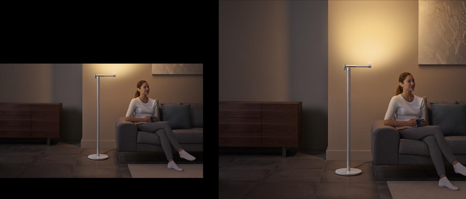 Dyson lightcycle morph floor lamp providing light in the living room
