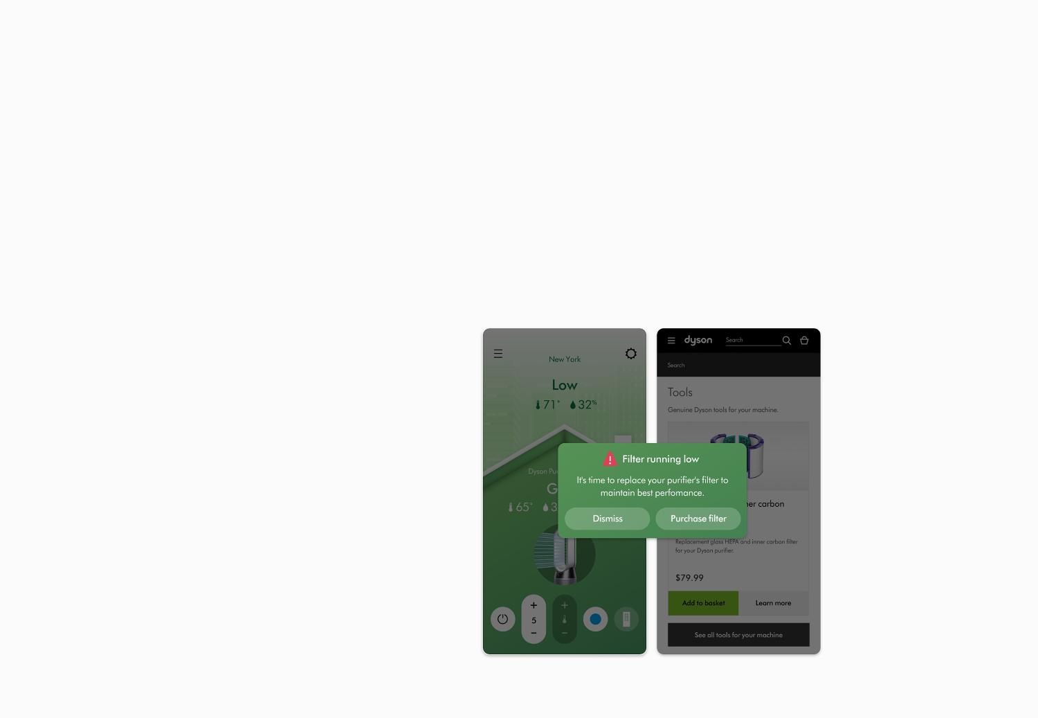 Dyson app with filter running low notification