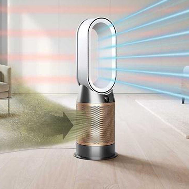 The Dyson Purifier Hot+Cool Formaldehyde in White/Gold draws in pollutants and projects a stream of purified airflow into a clean, minimal room