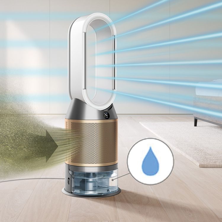 The Dyson Purifier Humidify+Cool Formaldehyde in White/Gold draws in pollutants and projects a stream of purified airflow into a clean, minimal room