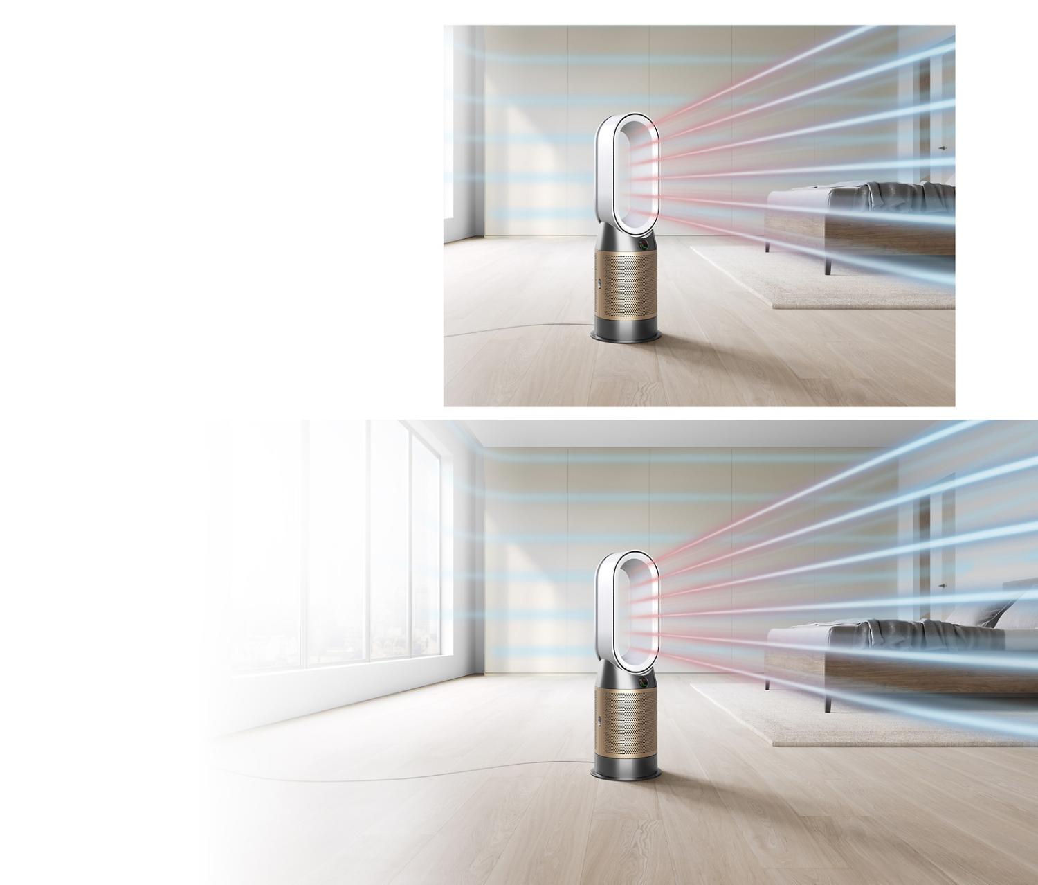 Purificateur Dyson projetant de l’air chaud purifié dans une chambre d’hôtel