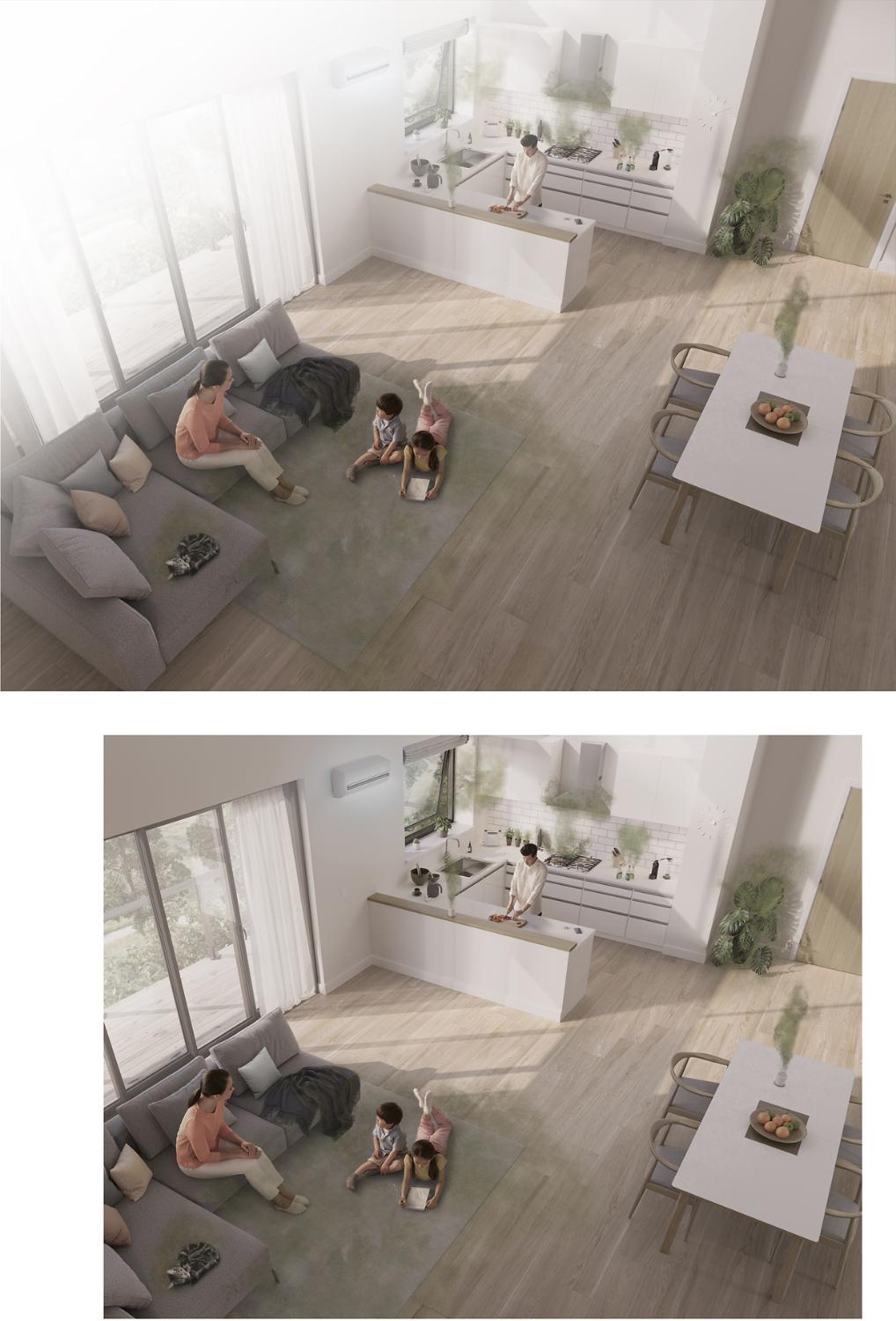 A family home filled with normal objects releasing pollutants into the air