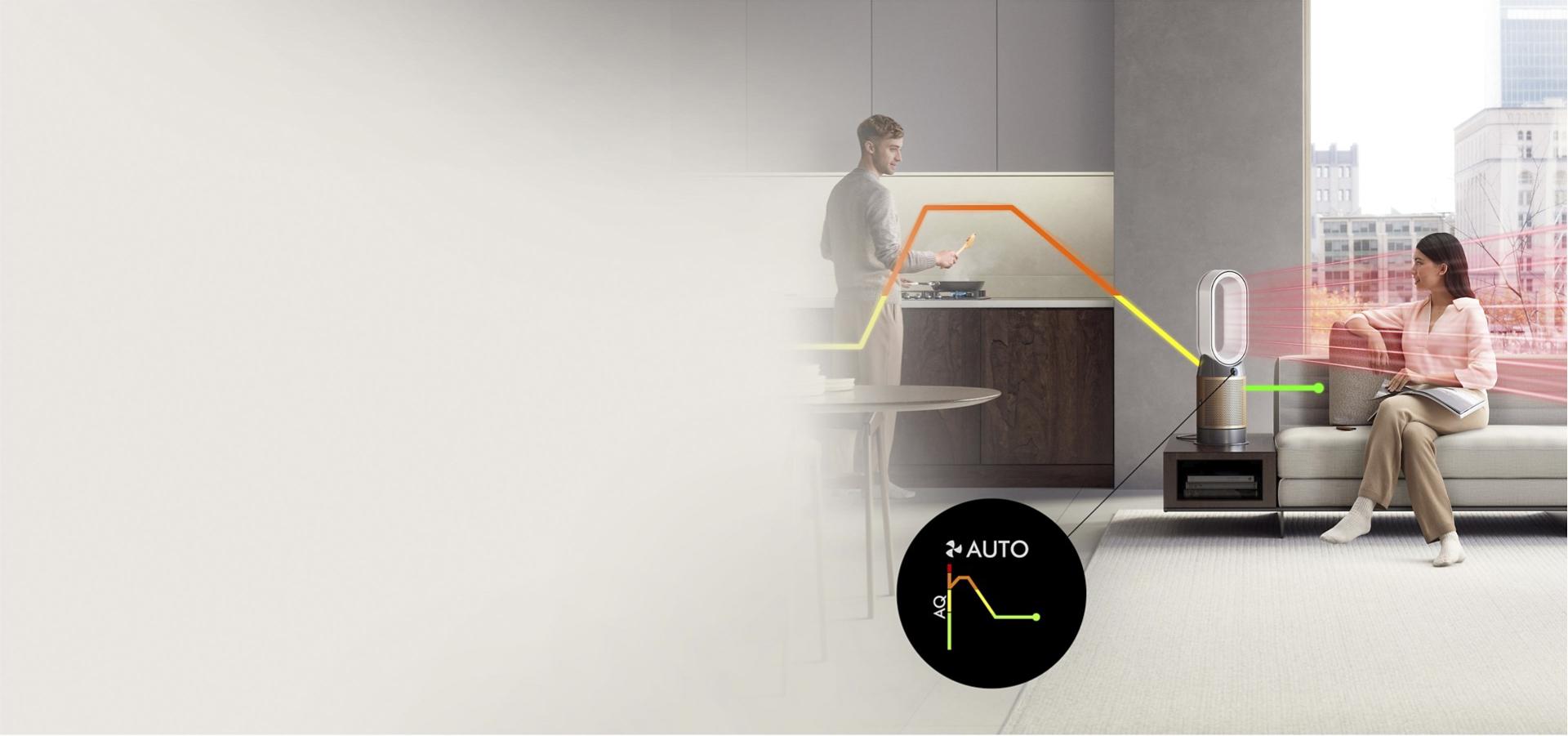 Mutfakta yemek pişiren bir adam ve tavasının üzerinde yükselen kirletici madde salınımını gösteren hava kalitesi çizgisi. Havayı temizleyerek hava kalitesi çizgisini düzenleyen ve kanepede oturan bir kadını ısıtan Dyson ısıtıcı özellikli hava temizleyici.