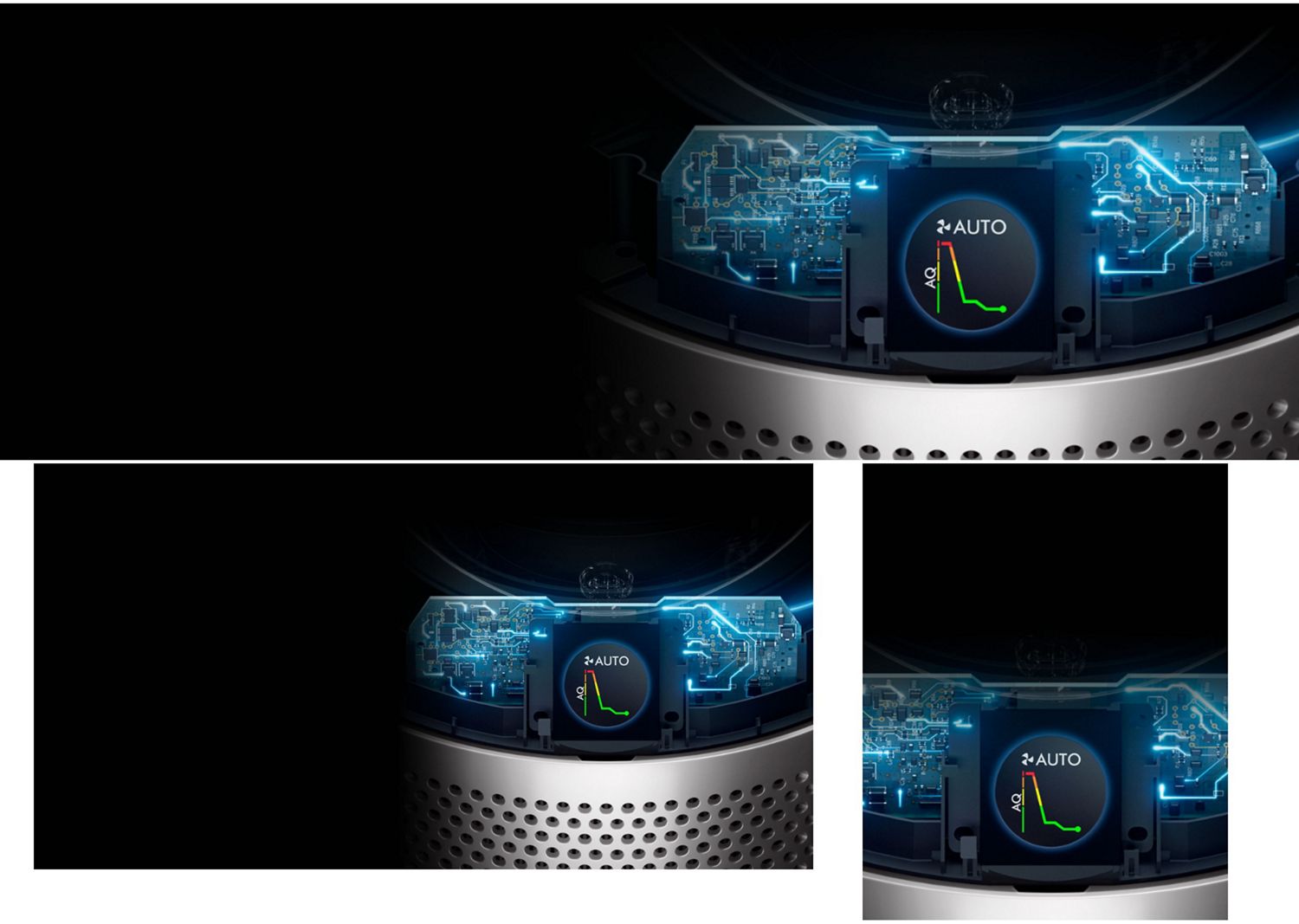 The LCD screen on a Dyson purifier shows a graph of Air quality over time. The LCD screen on a Dyson purifier shows a graph of Air quality over time.
