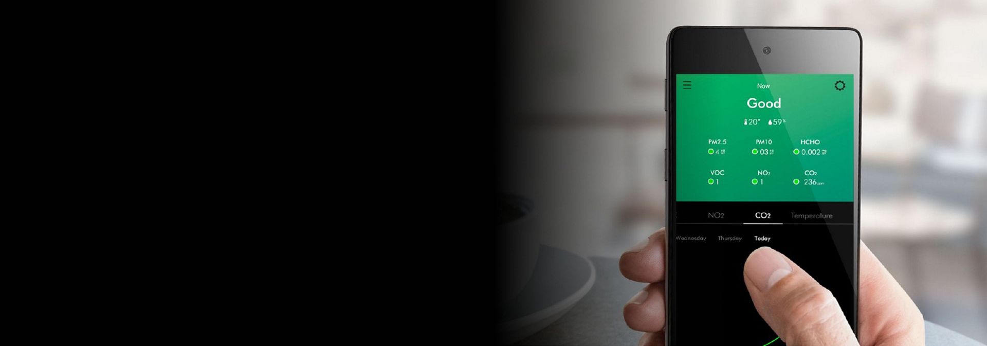 Die MyDyson App gibt von überall aus einen Überblick über Luftqualität, Temperatur und Luftfeuchtigkeit.