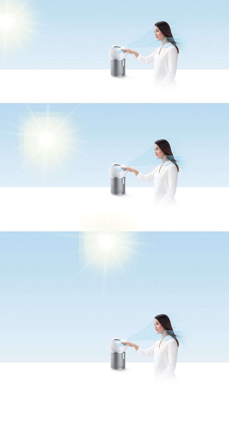 La diffusione rinfrescante del purificatore d’aria Dyson Purifier Cool è rivolta direttamente verso una donna.