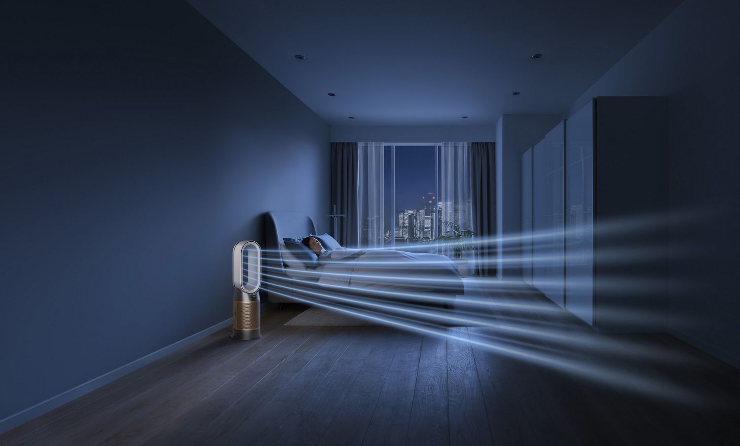 Dyson purifier in a dark bedroom with someone sleeping peacefully