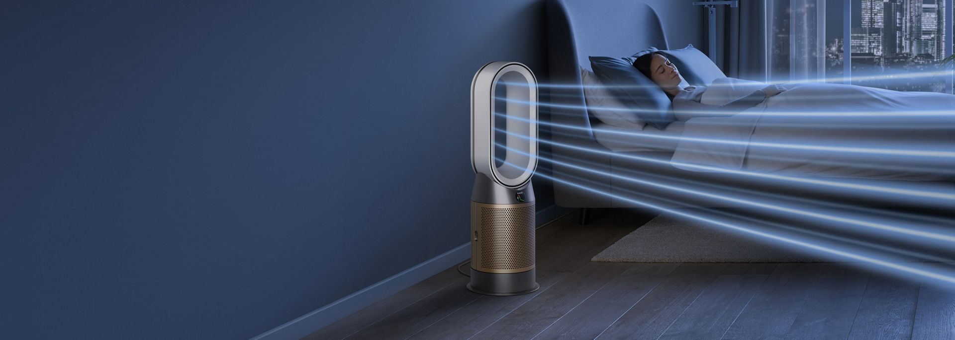 Dyson purifier in a dark bedroom with someone sleeping peacefully