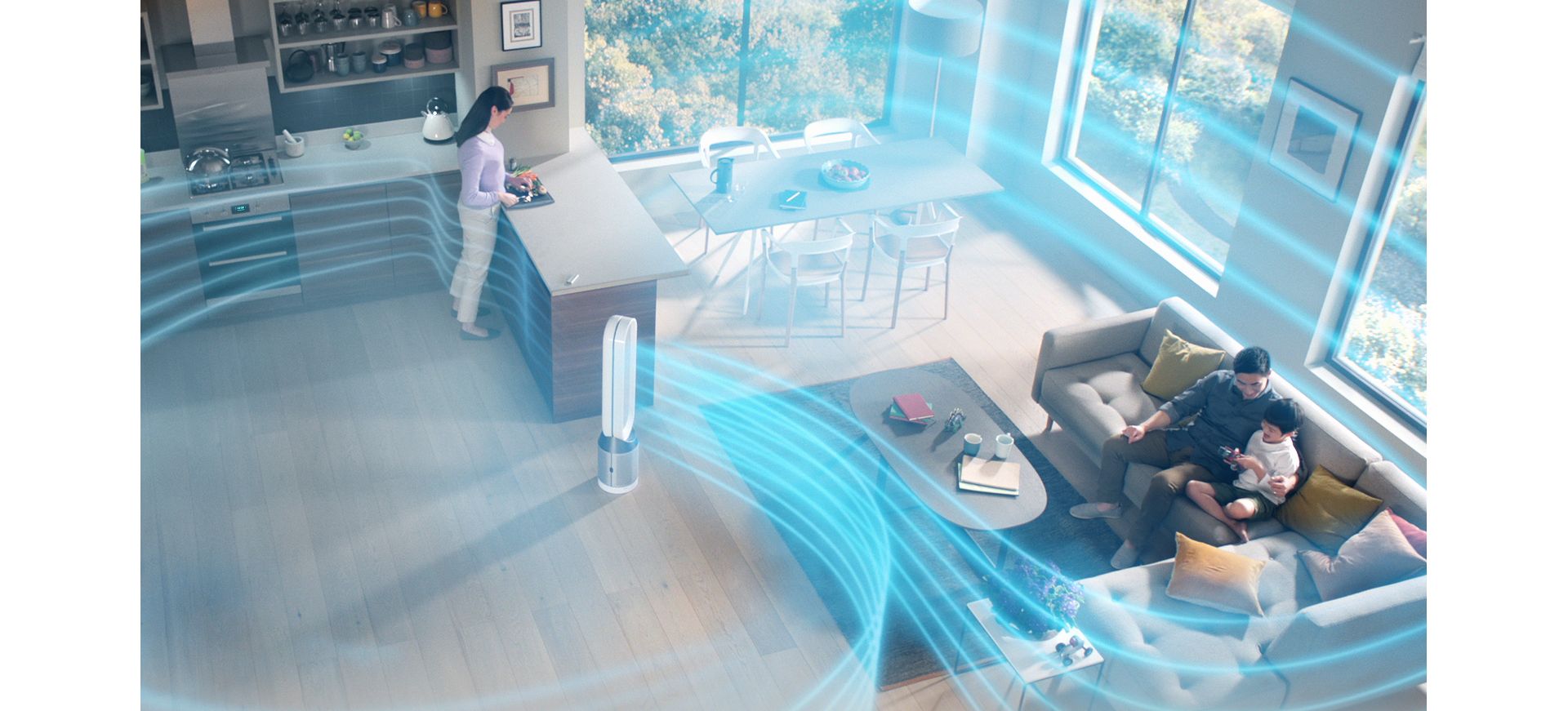 Dyson Pure Cool™ air purifying fan projecting cool air around the room