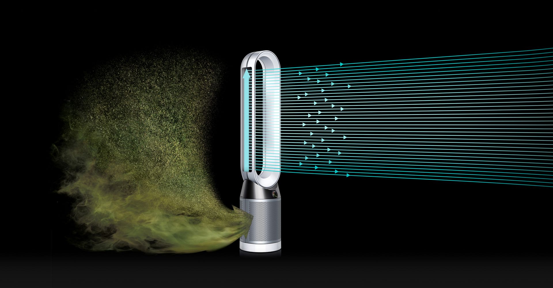 The Dyson Pure Cool purifying fan capturing pollutants and projecting purified air
