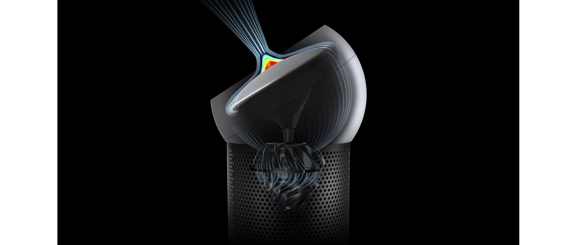 Ströme gereinigter Luft treffen aufeinander und werden vom Dyson Pure Cool Me abgegeben