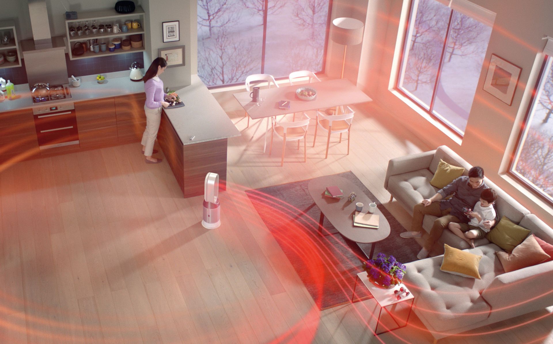 Dyson Pure Hot+Cool™ air purifier fan heater projecting warm air around the home