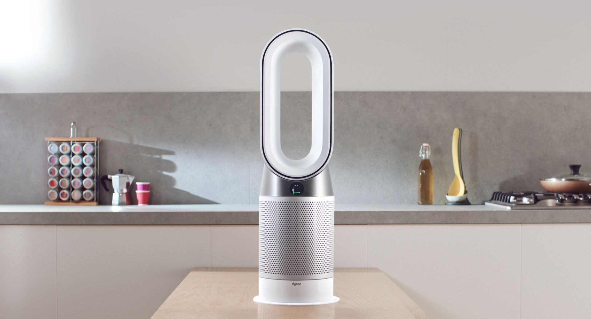 Dyson Pure Hot+Cool™ air purifier fan heater on kitchen counter