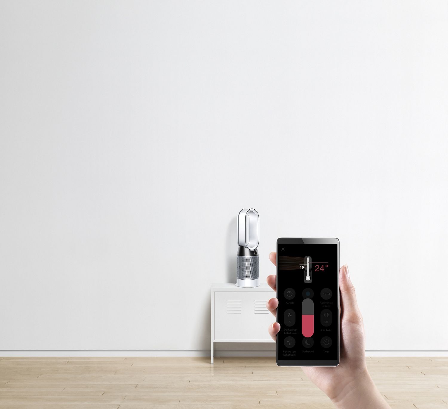 Detailopname van Dyson Link-app waarop een temperatuur wordt ingesteld, voor luchtreiniger/verwarmingsventilator 