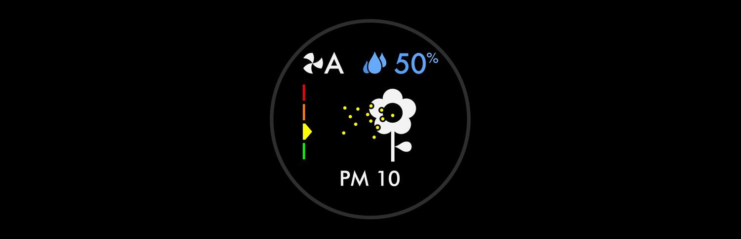 The Dyson purifier humidifier's LCD screen displaying PM10 levels