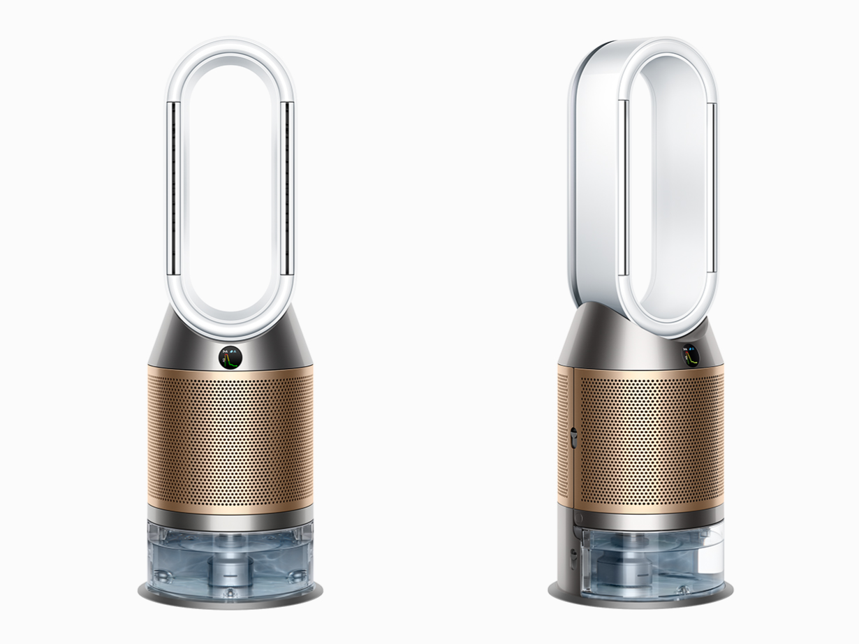 Front and side view of the Dyson Purifier Humidify+Cool Formaldehyde purifying humidifier and fan.
