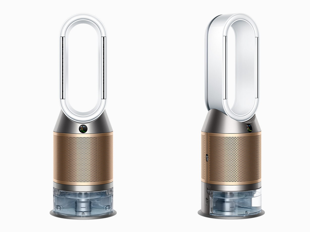 Front and side view of the Dyson Purifier Humidify+Cool Formaldehyde purifying humidifier and fan.