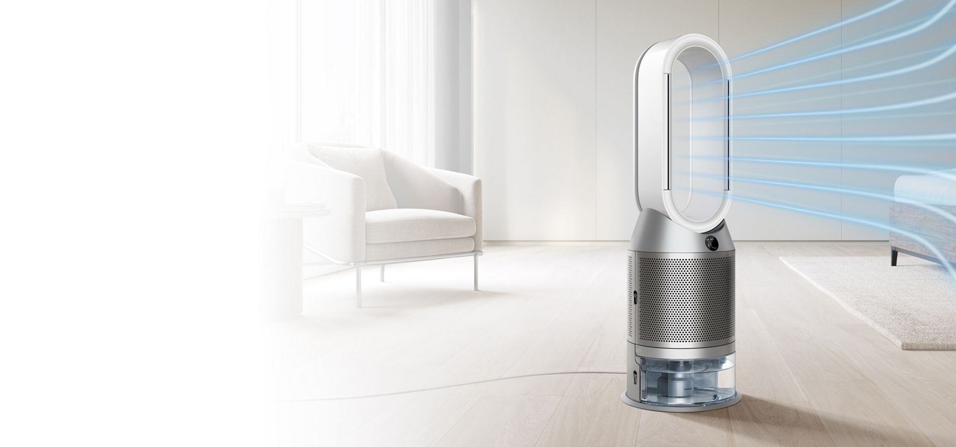 Dyson Purfier Humidify+Cool Luftbefeuchter verteilt gereinigte Luft in einem Schlafzimmer