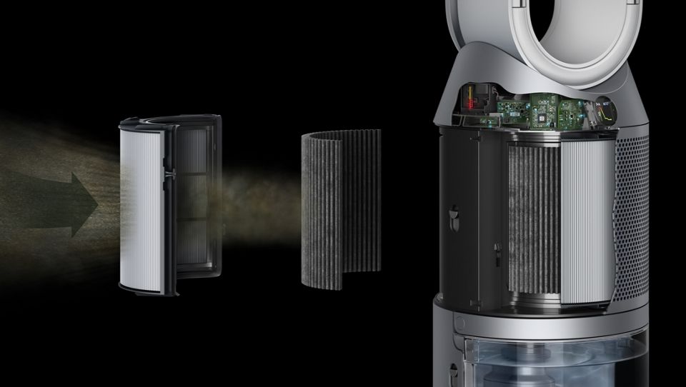 Cutaway of Dyson purifier humidifier to show carbon and HEPA filters