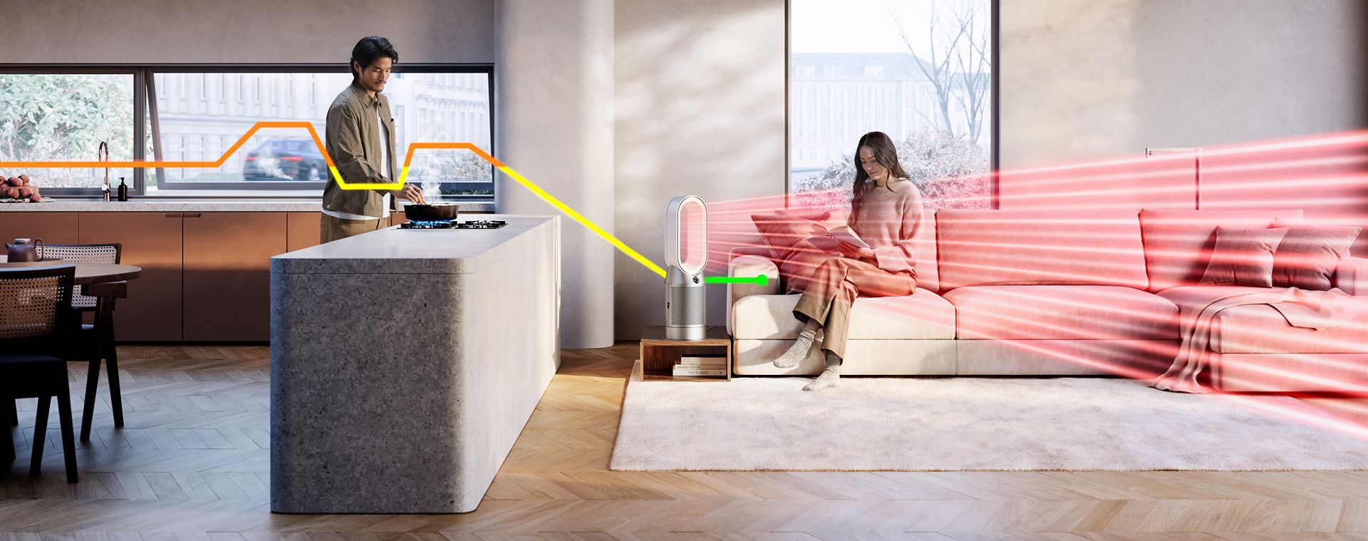The Dyson Purifier Hot+Cool HP1 purifying air while heating the room.