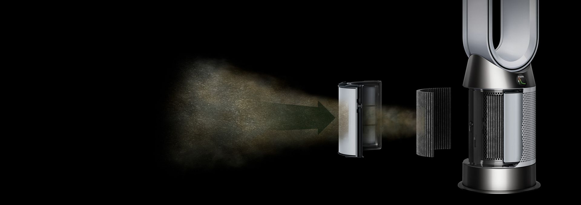 A Dyson Purifier Hot+Cool HP1 cutaway of the filters trapping particles.