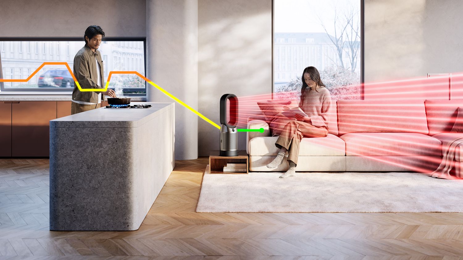 The Dyson Purifier Hot+Cool HP1 cleaning cooking gases from the air while heating the room.