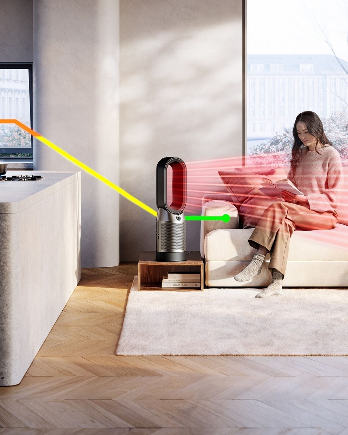 The Dyson Purifier Hot+Cool HP1 cleaning cooking gases from the air while heating the room.