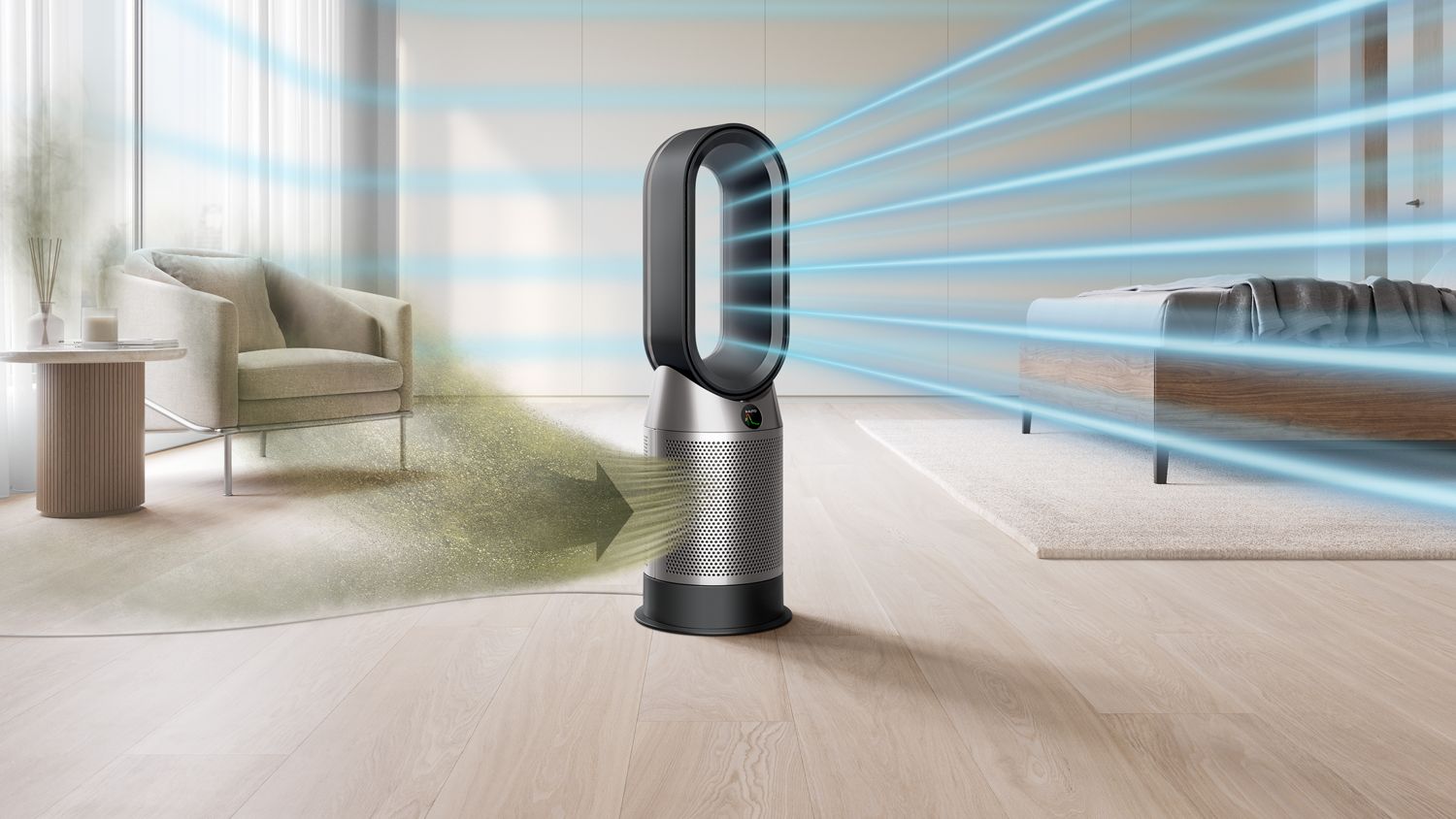 The Dyson Purifier Hot+Cool HP1 cleaning cooking gases from the air while heating the room.