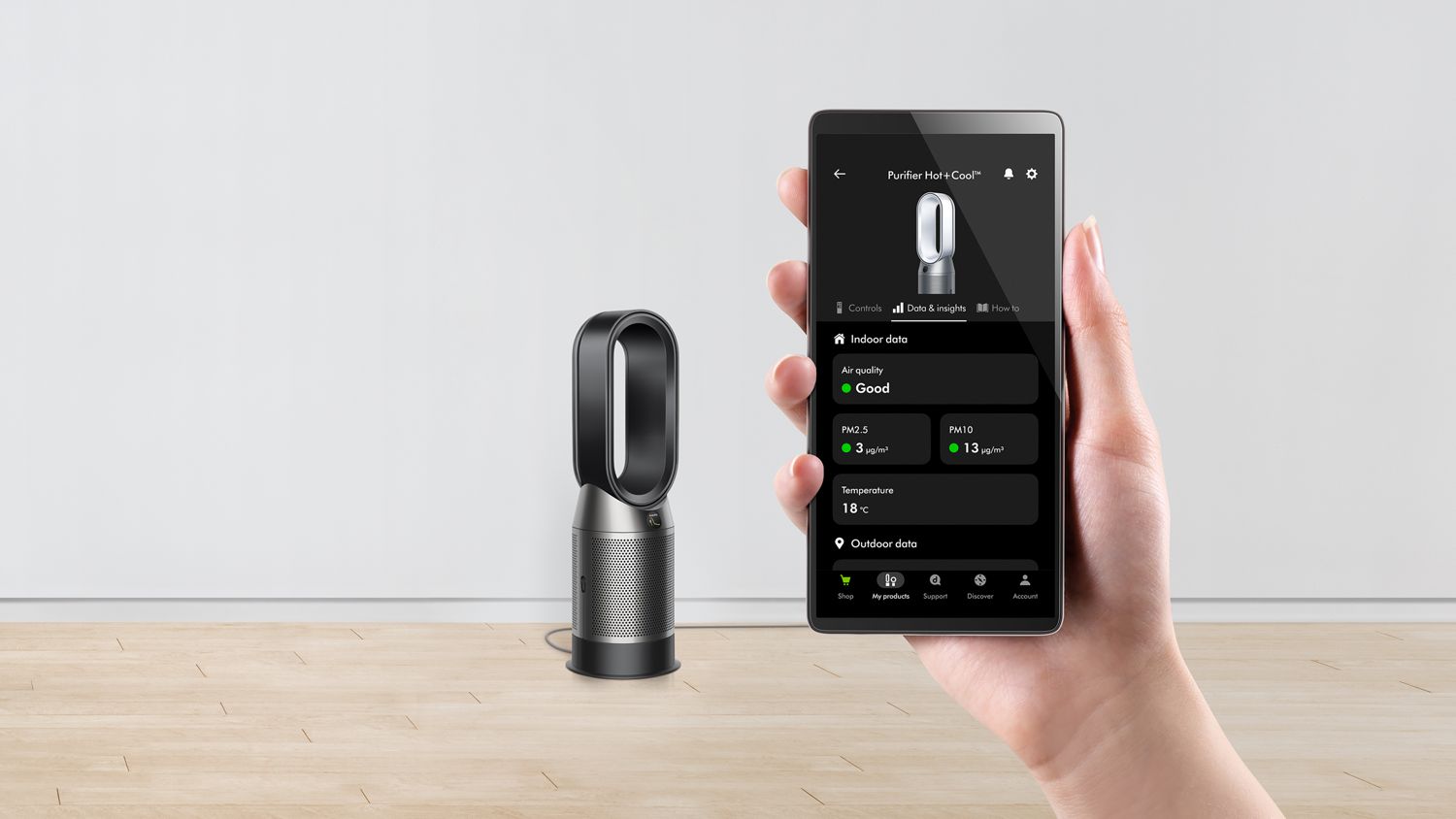 The Dyson Purifier Hot+Cool HP1 heating purifier being controlled remotely via the MyDyson app.