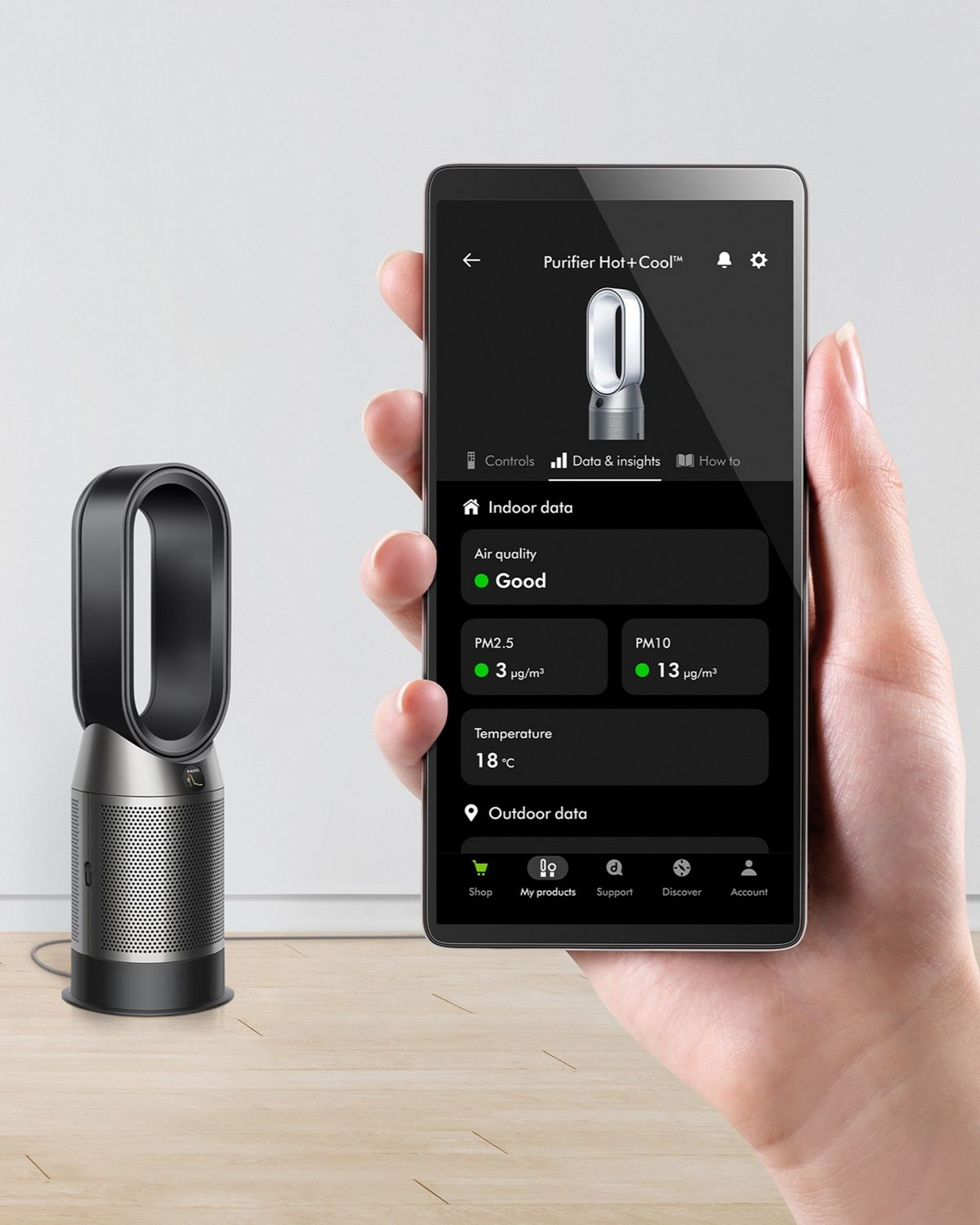 The Dyson Purifier Hot+Cool HP1 heating purifier being controlled remotely via the MyDyson app.