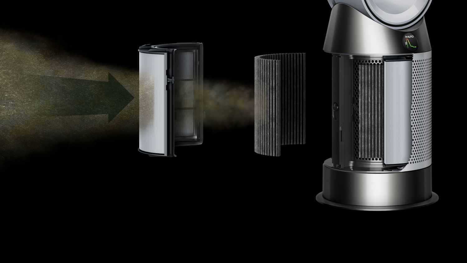 A Dyson Purifier Hot+Cool HP1 cutaway of the filters trapping particles.