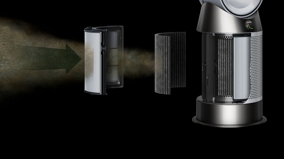A Dyson Purifier Hot+Cool HP1 cutaway of the filters trapping particles.