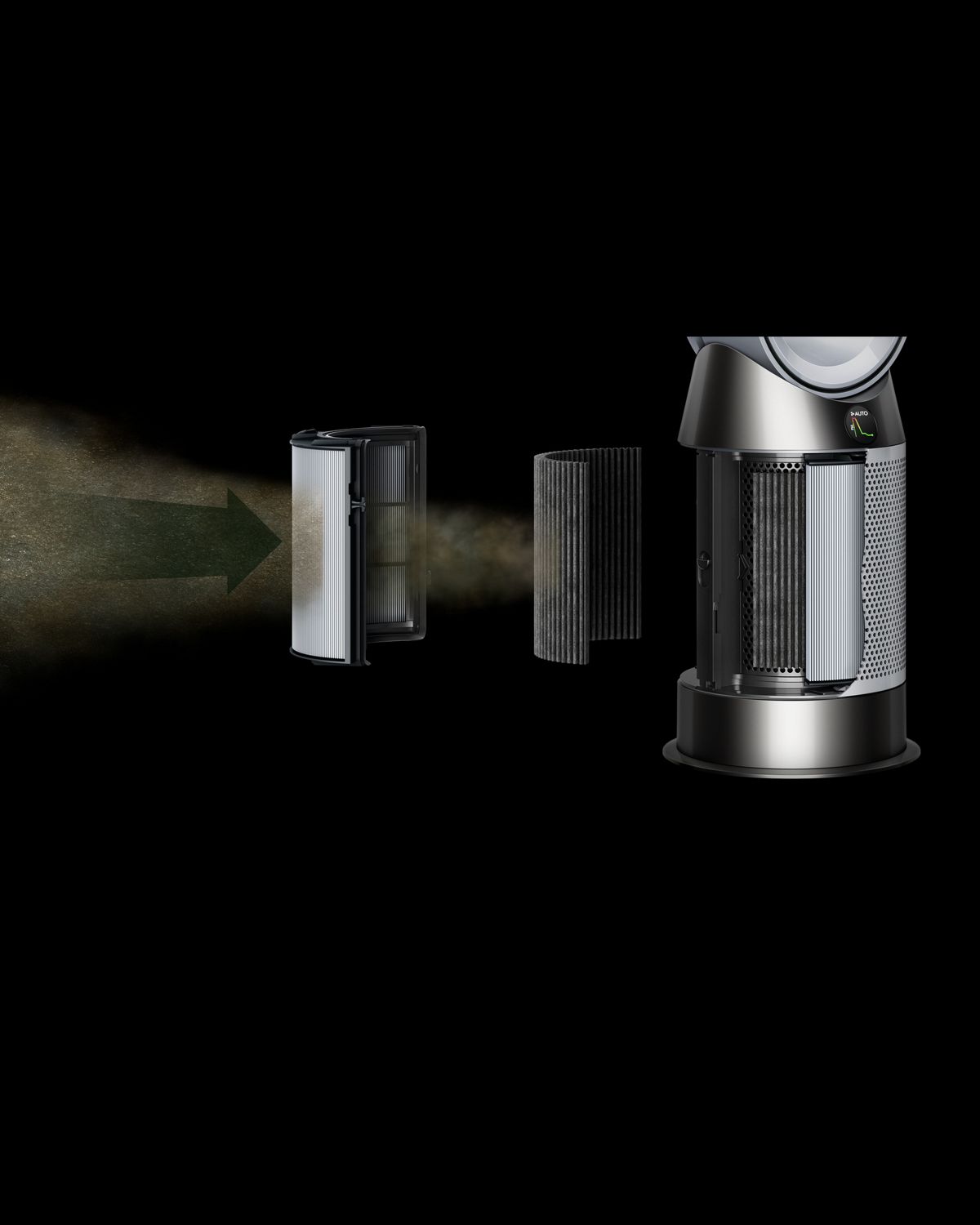 A Dyson Purifier Hot+Cool HP1 cutaway of the filters trapping particles.