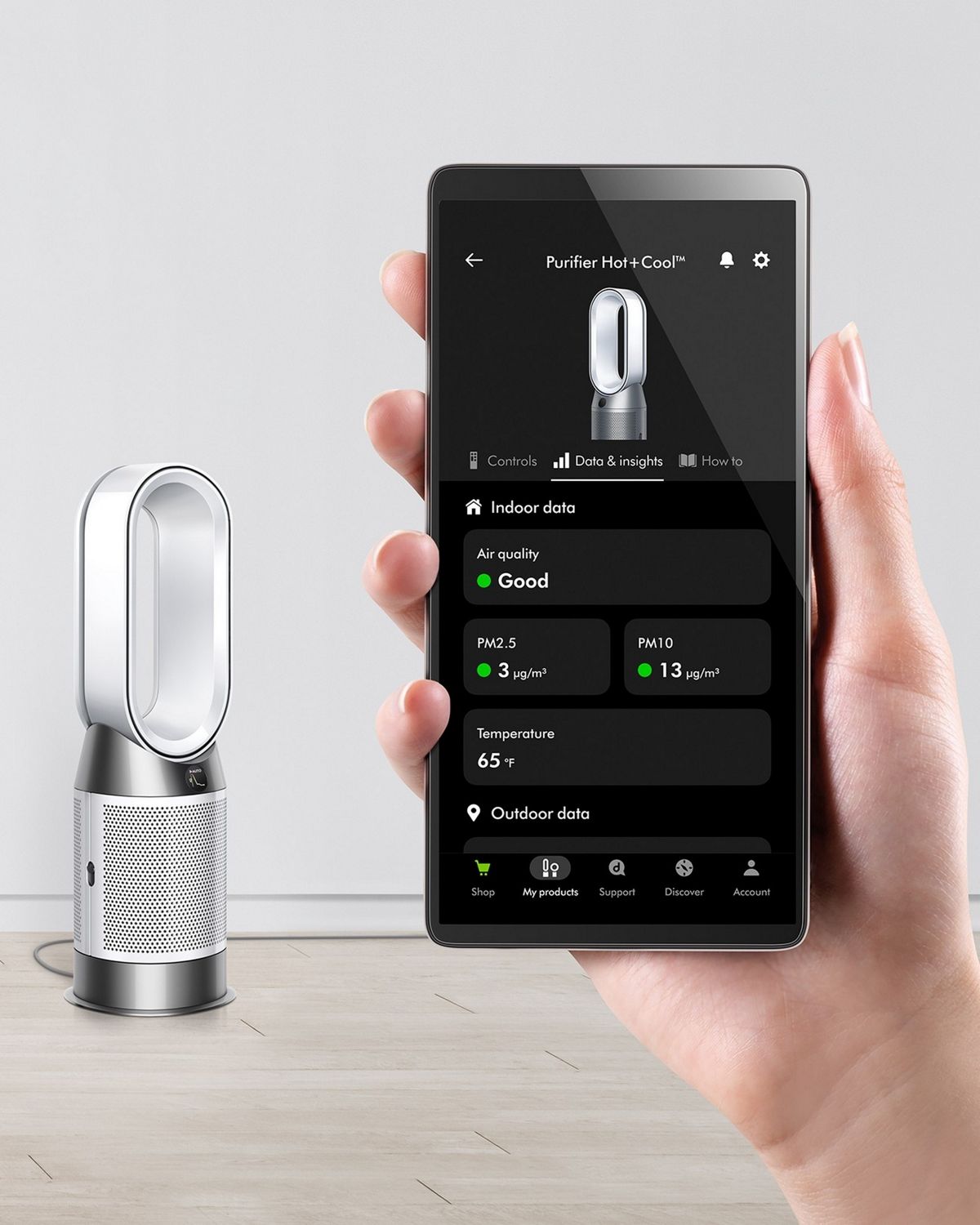 The Dyson Purifier Hot+Cool HP1 heating purifier being controlled remotely via the MyDyson app.