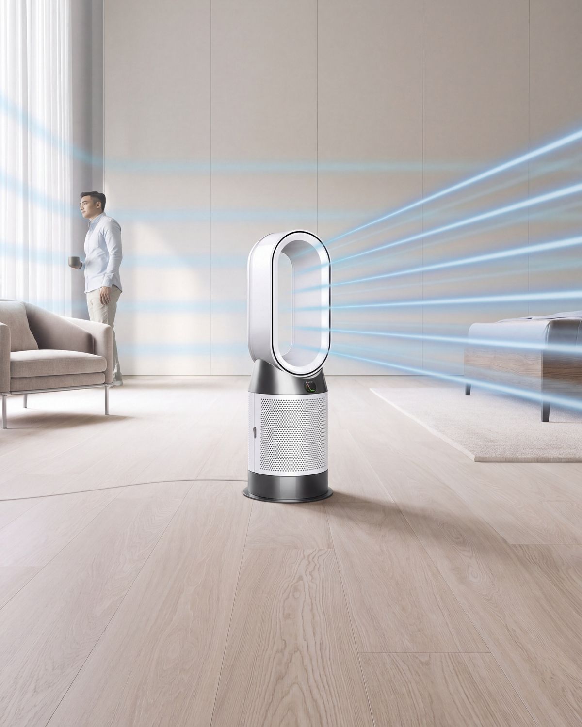 The Dyson Purifier Hot+Cool HP1 heating purifier delivering a cool breeze with purified air in a bedroom.