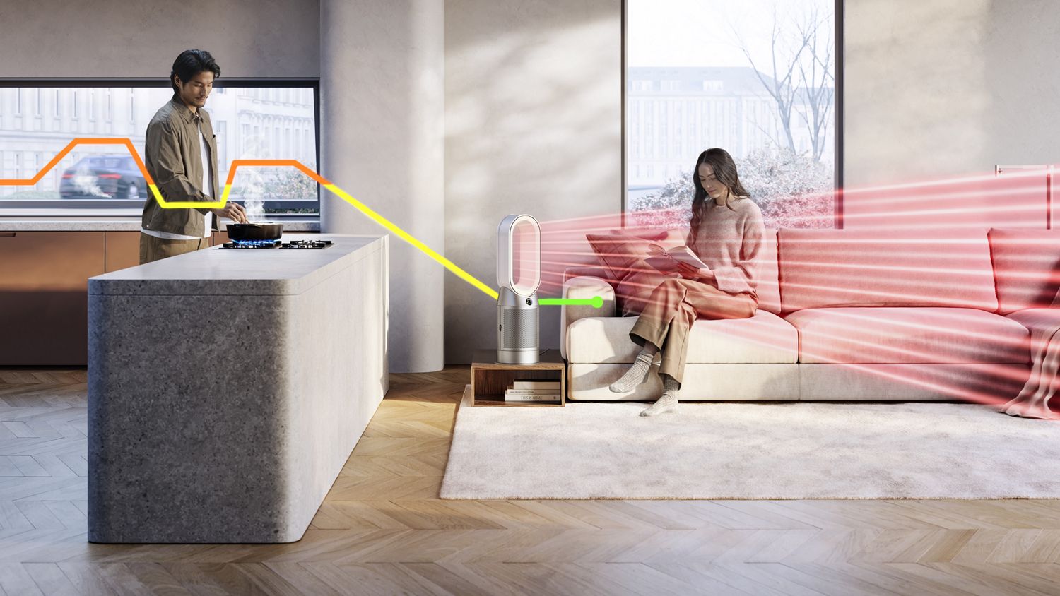 The Dyson Purifier Hot+Cool HP1 cleaning cooking gases from the air while heating the room.