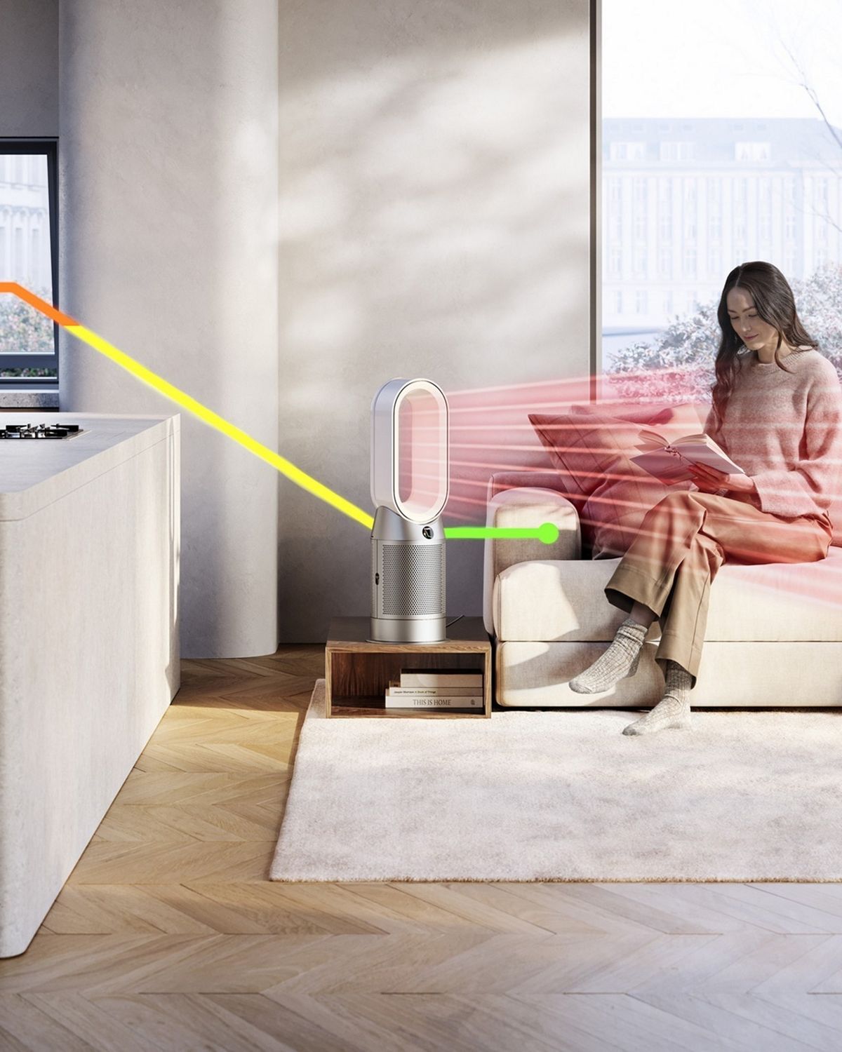 The Dyson Purifier Hot+Cool HP1 cleaning cooking gases from the air while heating the room.