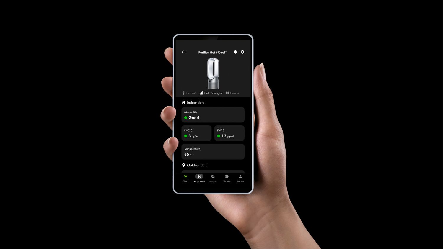 The Dyson Purifier Hot+Cool HP1 heating purifier being controlled remotely via the MyDyson app.