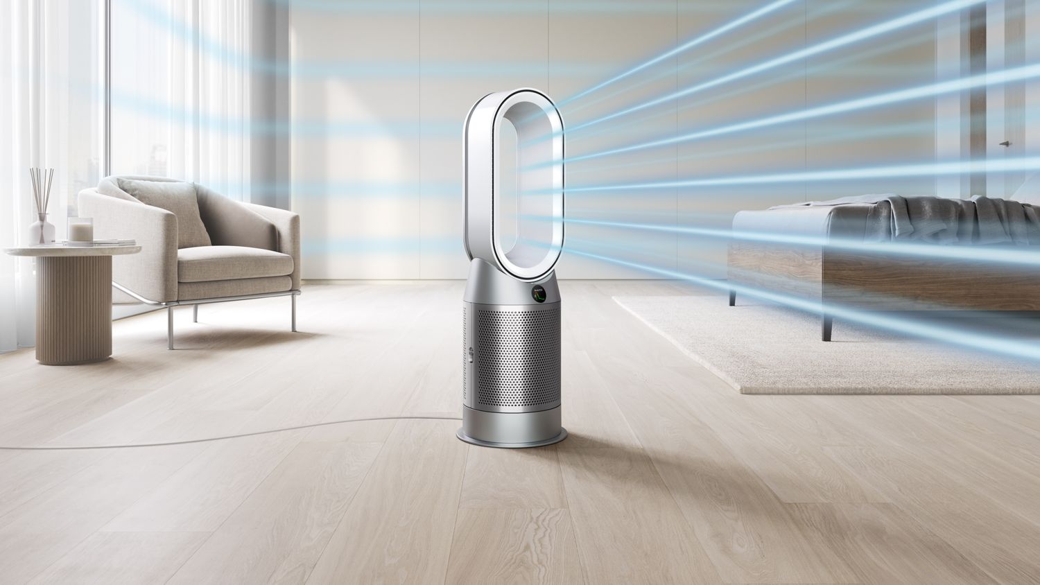 The Dyson Purifier Hot+Cool HP1 heating purifier delivering a cool breeze with purified air in a bedroom.
