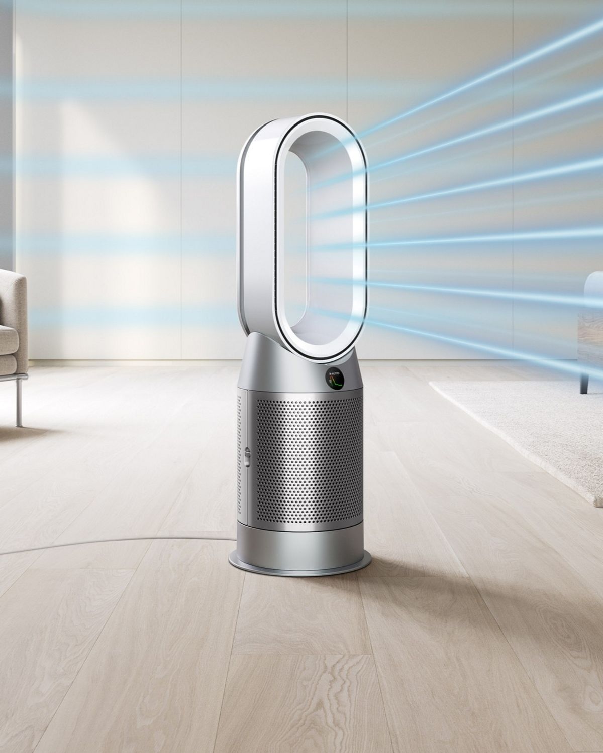 The Dyson Purifier Hot+Cool HP1 heating purifier delivering a cool breeze with purified air in a bedroom.