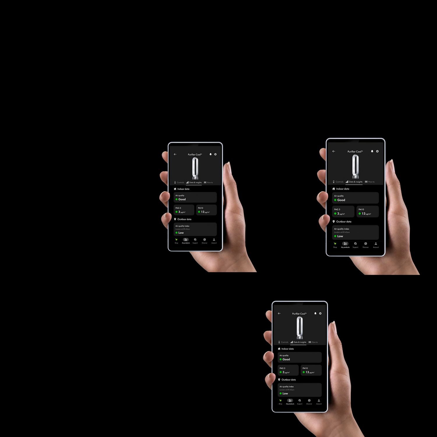 A Dyson Purifier Cool PC1 on the MyDyson app. Transparent close-up of the filtration system.