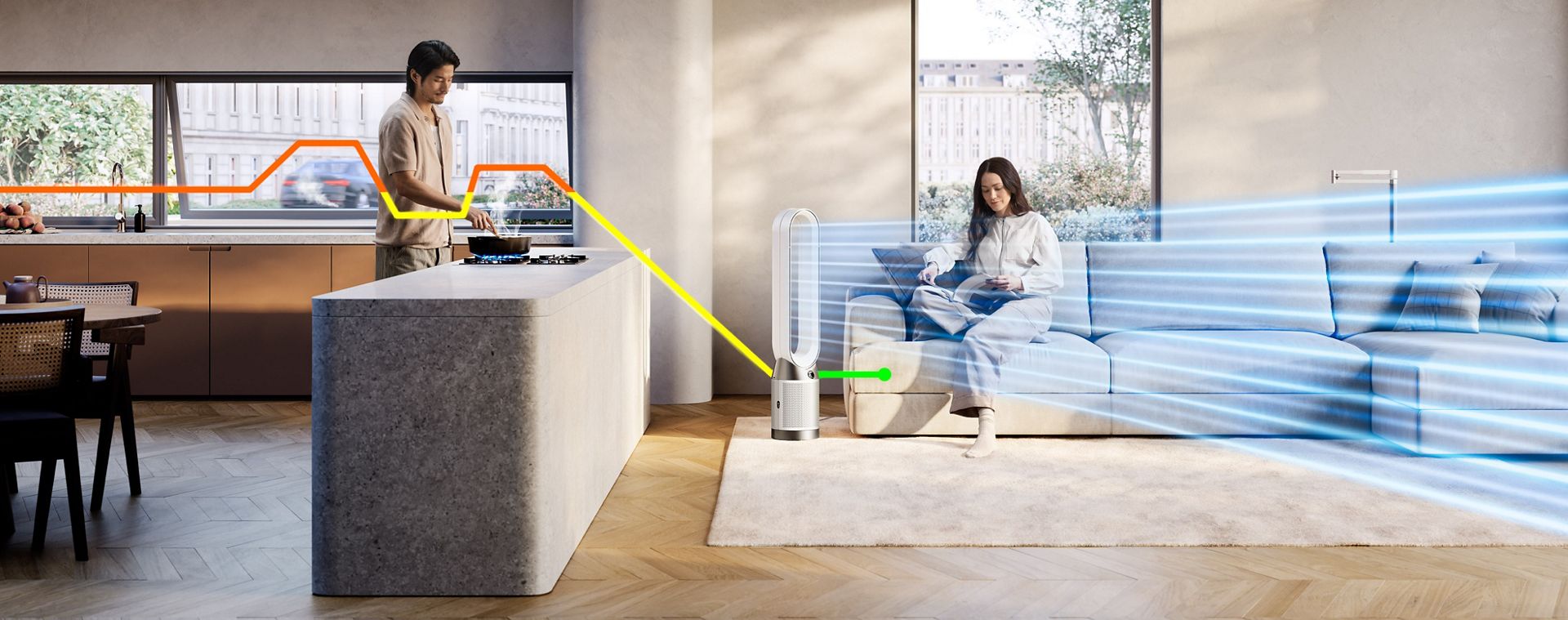 Dyson Purifier Cool PC1 renser luft i et rom mens den avgir en kjølig bris.