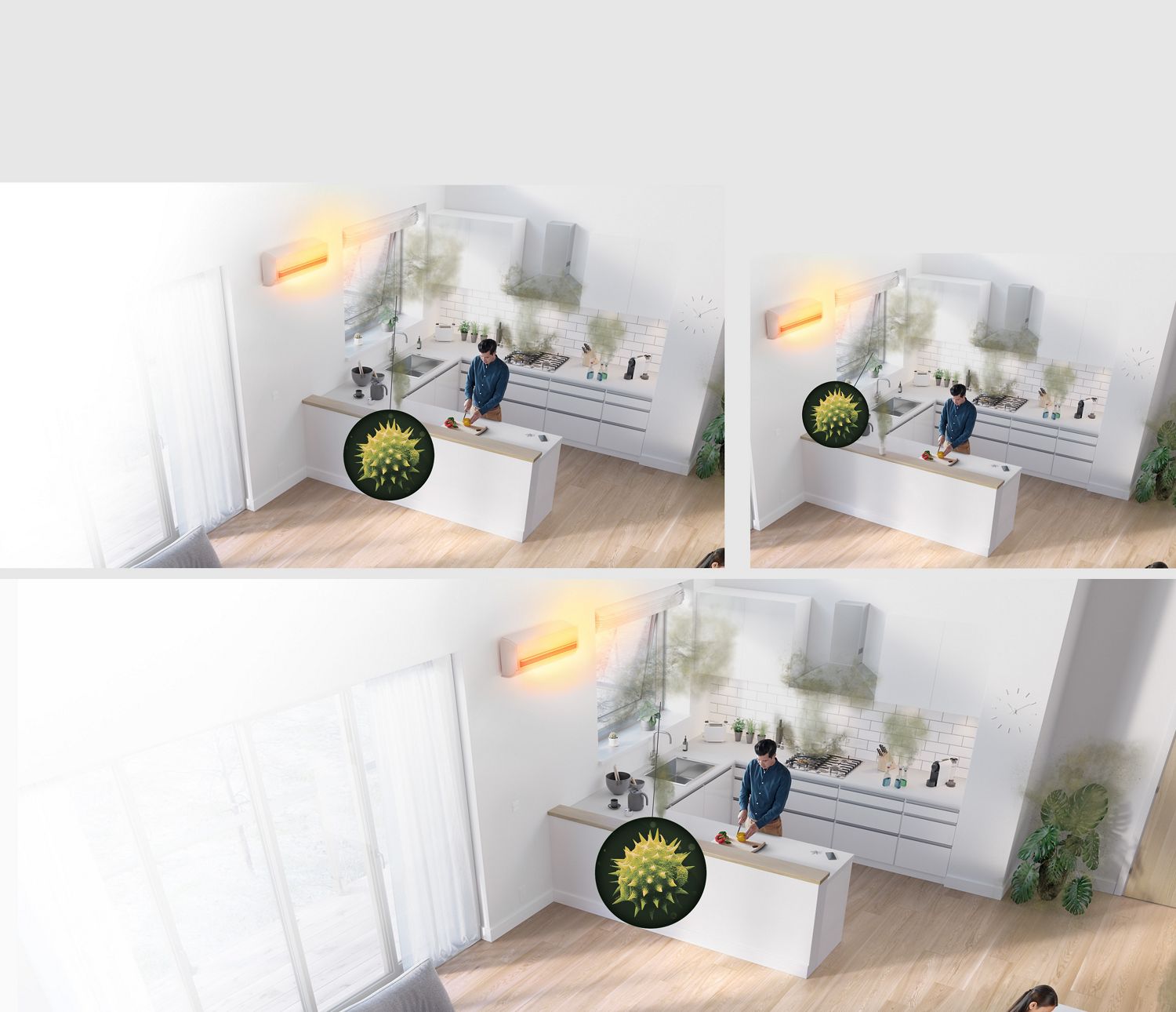 The Dyson Purifier Hot+Cool HP1 heating purifier reducing pollen in a kitchen. The Dyson Purifier Cool PC1 air purifier reducing pollen in a kitchen.