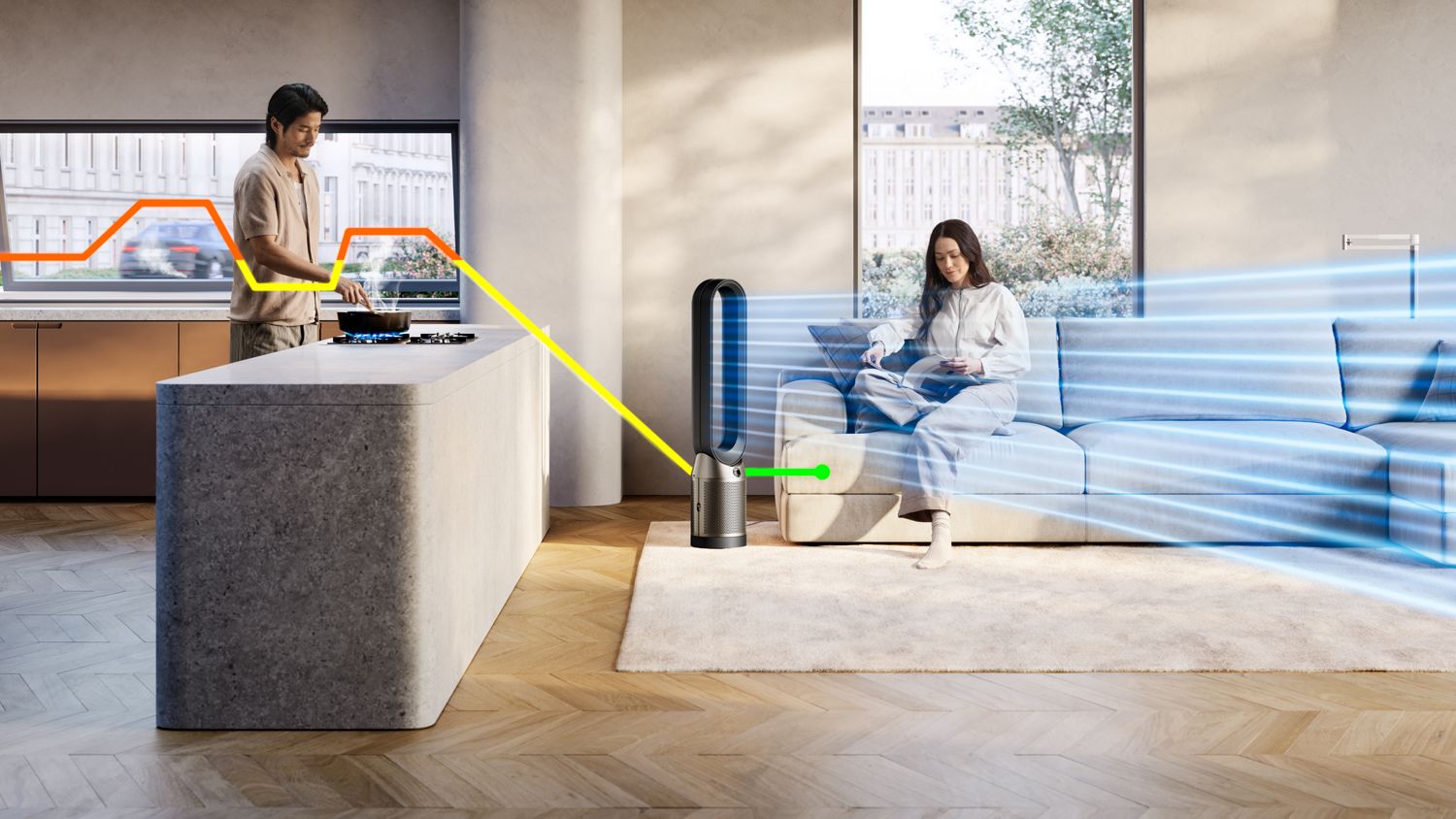 The Dyson Purifier Cool PC1 air purifier delivering a cool breeze with purified air in a large room.