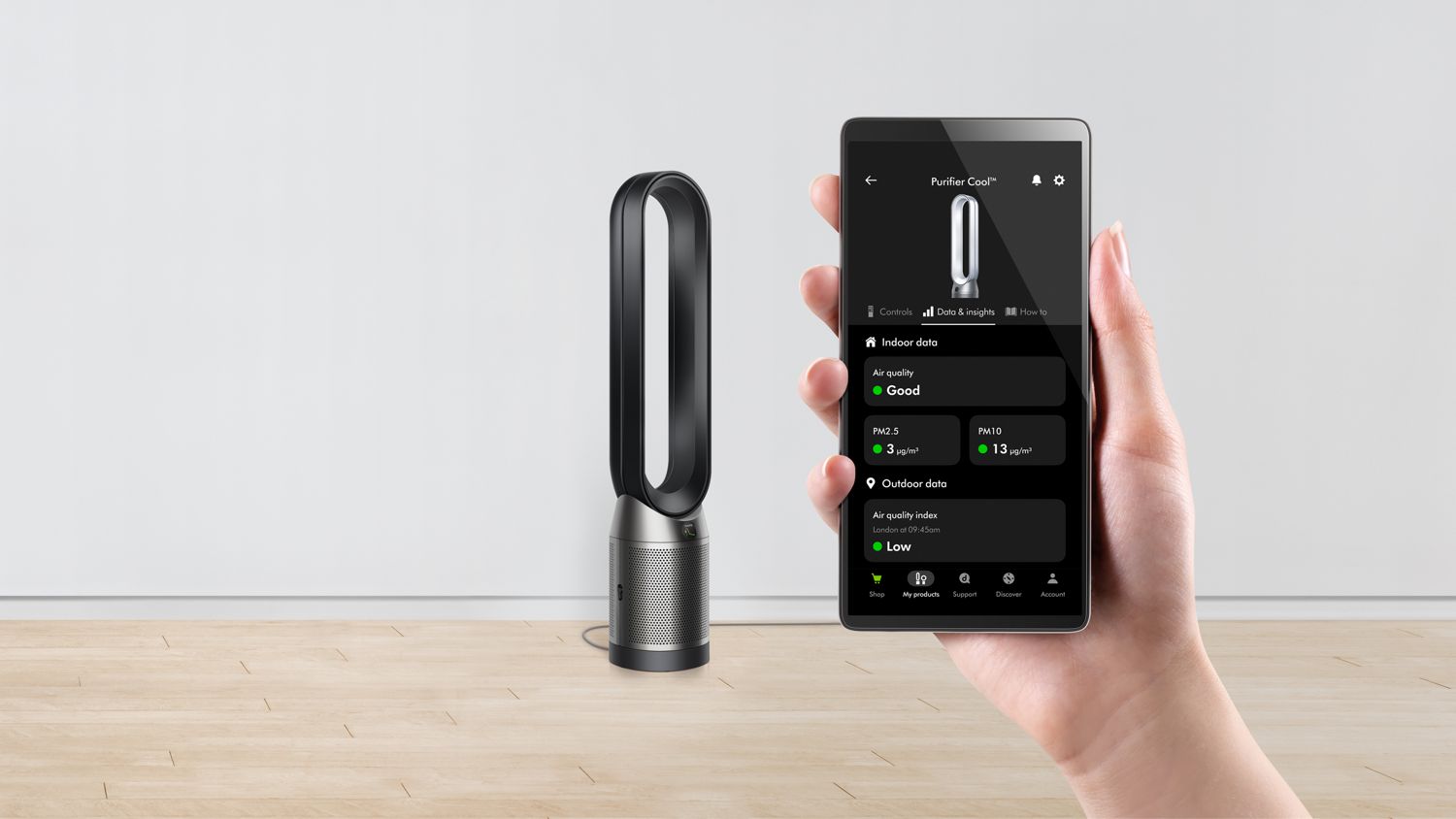 The Dyson Purifier Cool PC1 air purifier being controlled remotely via the MyDyson app.