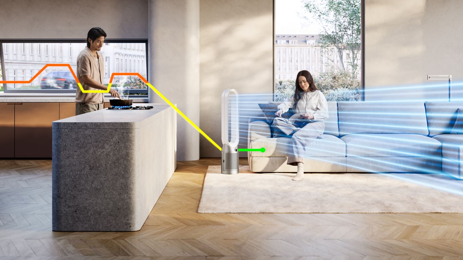 The Dyson Purifier Cool PC1 cleaning cooking gases from the air while delivering a cool breeze.