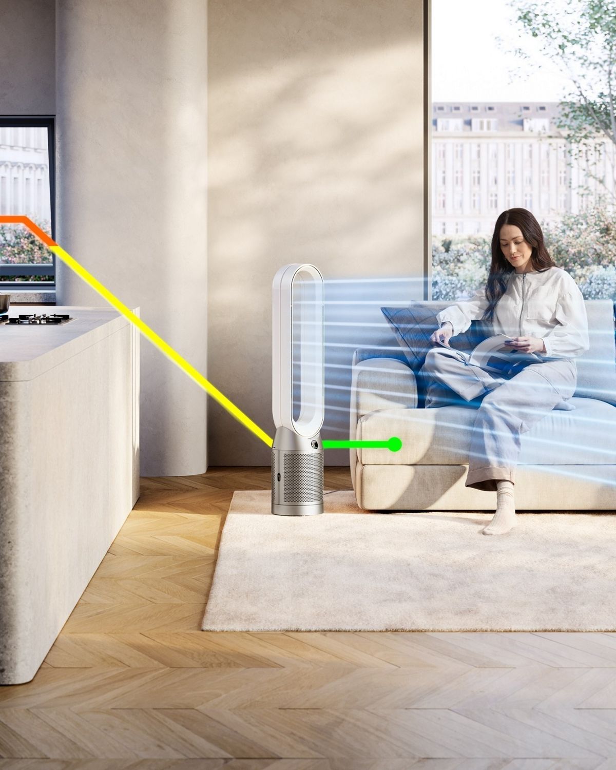 The Dyson Purifier Cool PC1 cleaning cooking gases from the air while delivering a cool breeze.